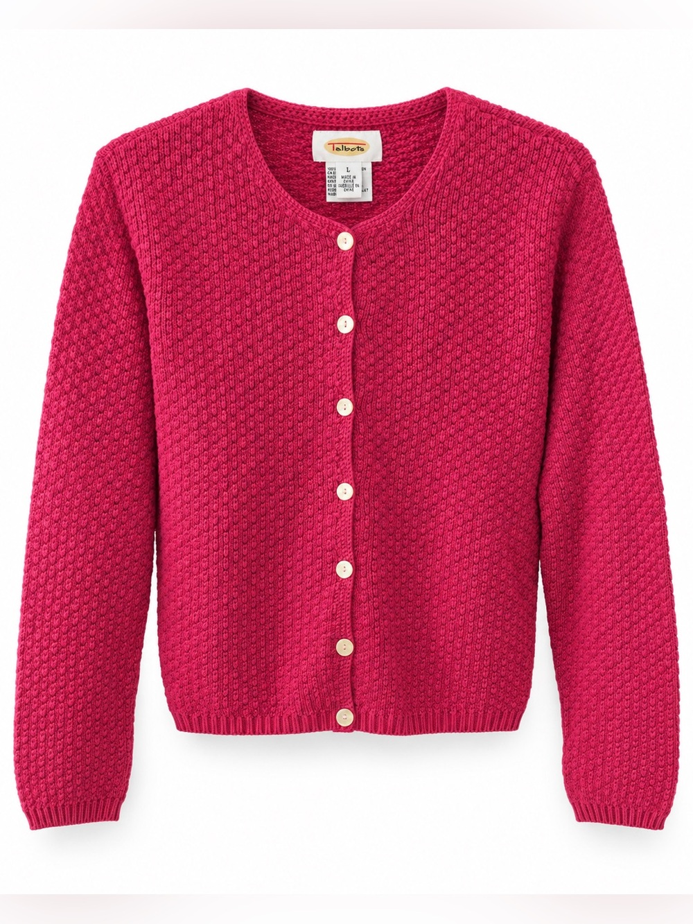 Talbots 100% Cotton Textured Knit Cardigan Raspberry Pink L Button Front